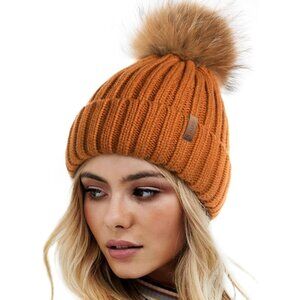 Women's Caramel Winter Warm Knitted Beanie Faux Fur Pom Skull Style Hat Cap